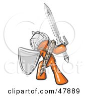 Poster, Art Print Of Orange Design Mascot Man Ultimate Warrior With A Sword And Shield