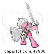 Poster, Art Print Of Pink Design Mascot Man Ultimate Warrior With A Sword And Shield