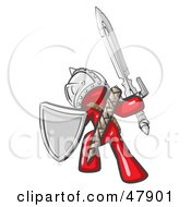 Poster, Art Print Of Red Design Mascot Man Ultimate Warrior With A Sword And Shield