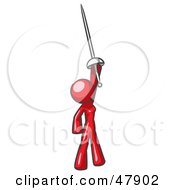 Red Design Mascot Woman Holding Up A Sword