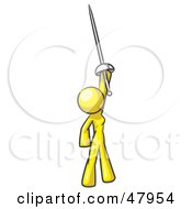 Poster, Art Print Of Yellow Design Mascot Woman Holding Up A Sword