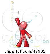 Poster, Art Print Of Red Design Mascot Man Composing Binary Code