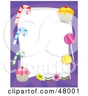 Poster, Art Print Of Purple Stationery Border Of Candy Canes Suckers And Cupcakes On White