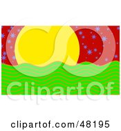 Poster, Art Print Of Yellow Sun Over Green Water With Purple Stars In A Red Sky