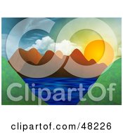 Royalty Free RF Clipart Illustration Of The Sun Setting Behind Mountains Around A Lake