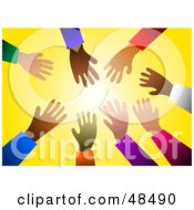 Royalty Free RF Clipart Illustration Of Diverse Ethnic Hands Reaching In Towards Light Over Yellow