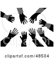 Royalty Free RF Clipart Illustration Of Black And White Silhouetted Hands Reaching Towards The Center