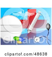 Royalty Free RF Clipart Illustration Of A Medical Collage Of A Red Cross Syringe Pills Stethoscope And Caduceus