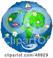 Poster, Art Print Of Animals Flowers Boats And Whales Over A Globe