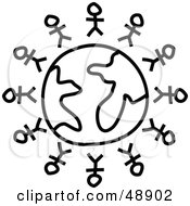 Royalty Free RF Clipart Illustration Of Black And White Stick People Standing Around A Globe by Prawny #COLLC48902-0089