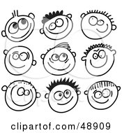 Digital Collage Of Black And White Grinning Boy Stick People Faces