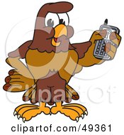 Falcon Mascot Character Holding A Cell Phone