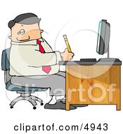 Business Man Filling Out Paperwork At Wood Computer Desk In His Office Clipart