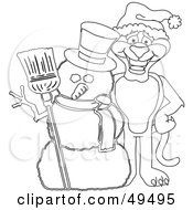 Royalty Free RF Clipart Illustration Of An Outline Of A Panther Character Mascot With A Snowman
