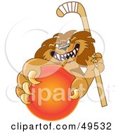 Lion Character Mascot Grabbing A Hockey Ball