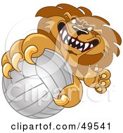Lion Character Mascot Grabbing A Volleyball
