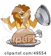 Poster, Art Print Of Lion Character Mascot Serving A Turkey