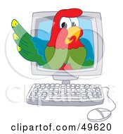 Royalty Free RF Clipart Illustration Of A Macaw Parrot Character Mascot In A Computer by Mascot Junction