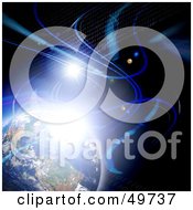Poster, Art Print Of Bright Burst Of Light And Rows Of Binary Coding Flowing Past Earth In Outer Space