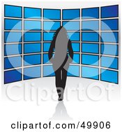 Poster, Art Print Of Black Silhouetted Female In Front Of Blue Television Displays
