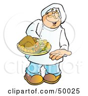 Poster, Art Print Of Friendly Male Chef Carrying A Chicken Or Turkey On A Platter