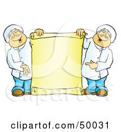 Poster, Art Print Of Two Male Chefs Holding A Blank Vertical Scroll Sign