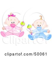 Baby Boy And Girl Playing With Rattles