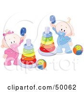 Twin Baby Boy And Girl Playing With Ring Pyramids