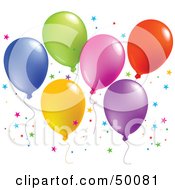 Poster, Art Print Of Colorful Group Of Balloons Floating With Star Shaped Confetti