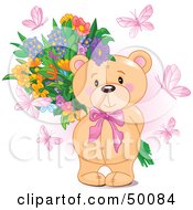 Poster, Art Print Of Pink Butterflies Surrounding A Sweet Teddy Bear Holding A Floral Bouquet Behind Its Back