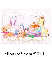 Toy Shelf With Stuffed Animals And A Jack In The Box Under A Blank Banner Against A Pink Wall
