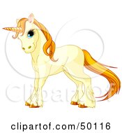 Poster, Art Print Of Beige Unicorn With Golden Hooves Hair And Horn