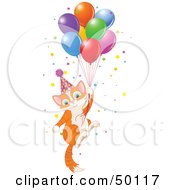 Royalty Free RF Clipart Illustration Of An Orange Birthday Kitten Floating Away With Balloons And Confetti by Pushkin
