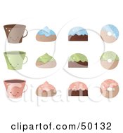 Poster, Art Print Of Digital Collage Of Blue Green And Pink Coffee Cups Pastries And Donuts