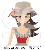 Poster, Art Print Of Gorgeous Brunette Woman In A Taupe And Red Dress And Hat