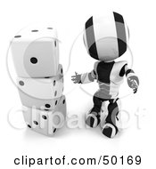 Poster, Art Print Of 3d Black And White Ao-Maru Robot With A Stack Of Dice