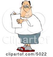 Confused Man Holding A Blank Flier And Raising His Eyebrow Clipart