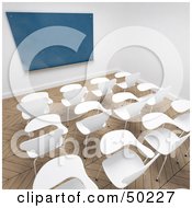 Royalty Free RF Clipart Illustration Of An Empty Modern Classroom With White Desks Wood Floors And A Chalkboard by Frank Boston