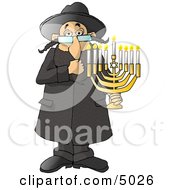 Religious Rabbi Jew Holding A Lit Jewish Menorah Clipart
