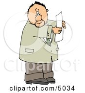 Worried Man Holding A Blank Legal Document In His Hand Clipart