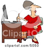 Woman Wearing A Red Dress While Working At A Computer Desk Clipart