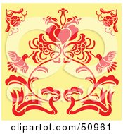 Poster, Art Print Of Red Floral Decoration On Yellow - Version 3