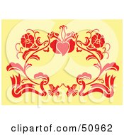 Poster, Art Print Of Red Floral Decoration On Yellow - Version 1