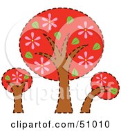 Poster, Art Print Of Three Red Trees With Pink Flowers