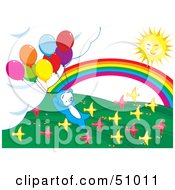 Royalty Free RF Clipart Illustration Of A Motivated Penguin Flying Away With Colorful Balloons In A Spring Landscape