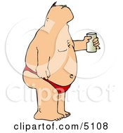 Humorous Fat Man Wearing A Speedo At The Beach And Drinking A Beer