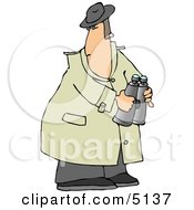 Male Spy Wearing A Trench Coat And Holding Binoculars Clipart