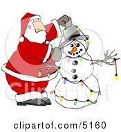 Poster, Art Print Of Santa Decorating Snowman With Colorful Christmas Lights