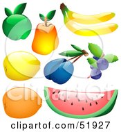 Digital Collage Of Shiny Fruit Apple Pear Banana Lemon Plum Blueberries Orange Watermelon