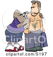 Ethnic Tattooer Applying A Permanent Decorative Tattoo To A Mans Upper Arm With A Tattoo Gun Clipart